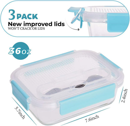 Large Glass Food Storage With Locking Lids - Bento Box Lunch and Meal Prep Containers [3-Pack, 36 OZ]