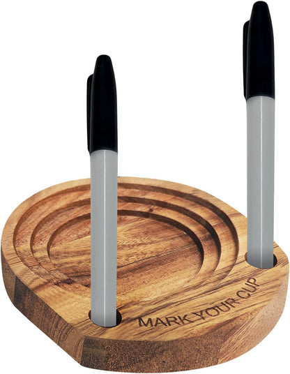 Party Cup Holder with Marker Slot, Acacia Wood Bathroom Cup Dispenser Mark Your Cup and Drink Up, Hosting Essential to Prevent Mix-Ups & Mark Your Cup for Birthdays, BBQs, Holiday Events