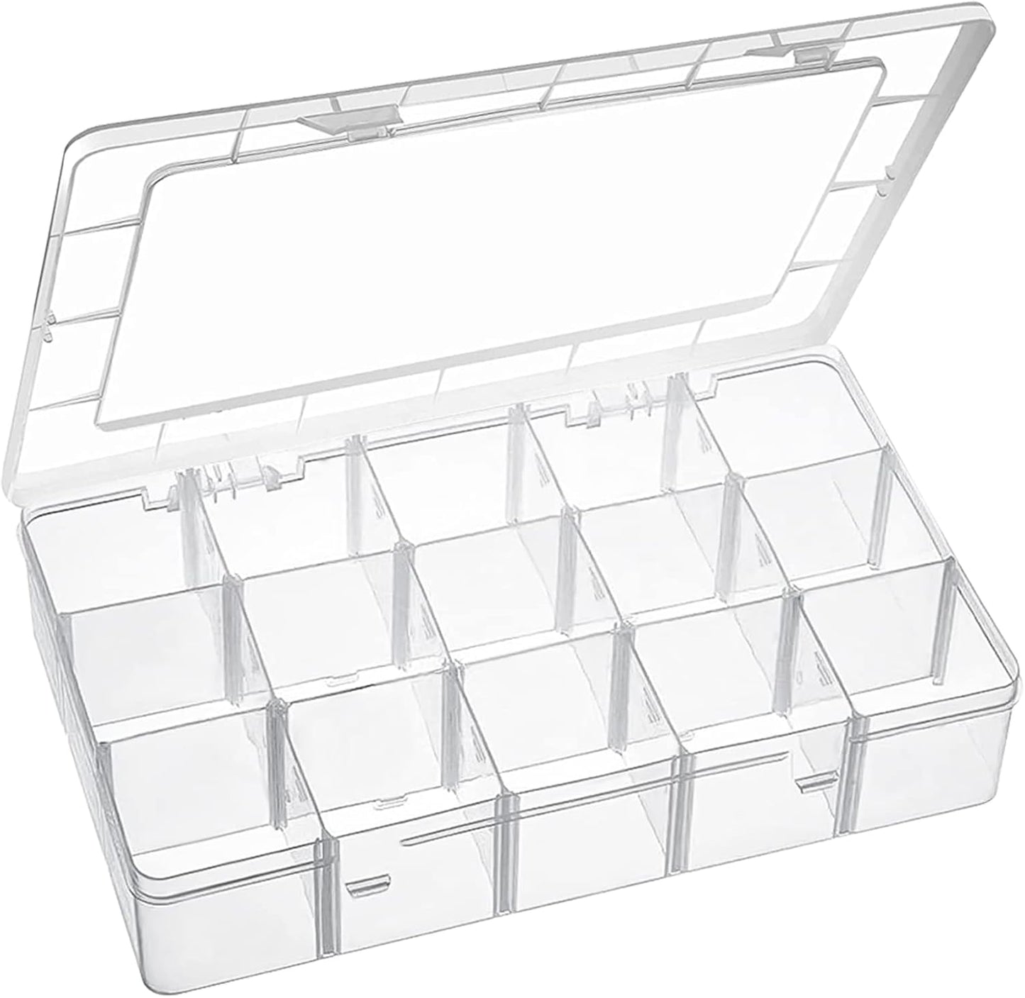 Exptolii 15 Large Grids Plastic Organizer Box with Dividers, 2 Pack Clear Compartment Container Storage for Washi Tapes Beads Crafts Jewelry Fishing Tackles, Size 11 x 6.3 x 2.2 in