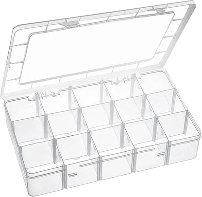 Exptolii 15 Large Grids Plastic Organizer Box with Dividers, 2 Pack Clear Compartment Container Storage for Washi Tapes Beads Crafts Jewelry Fishing Tackles, Size 11 x 6.3 x 2.2 in