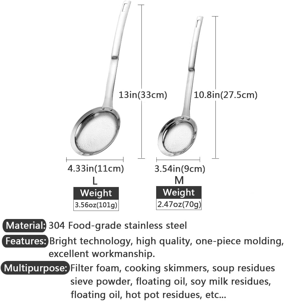 3Pack Sieve Fine Mesh Strainer Set Stainless Steel Metal Flat Cooking Skimmer Ladle Colander With Handle Food Strainer Kitchen Tools For Kitchen Baking Oil Filter Flour Sifter Foam,L M Small