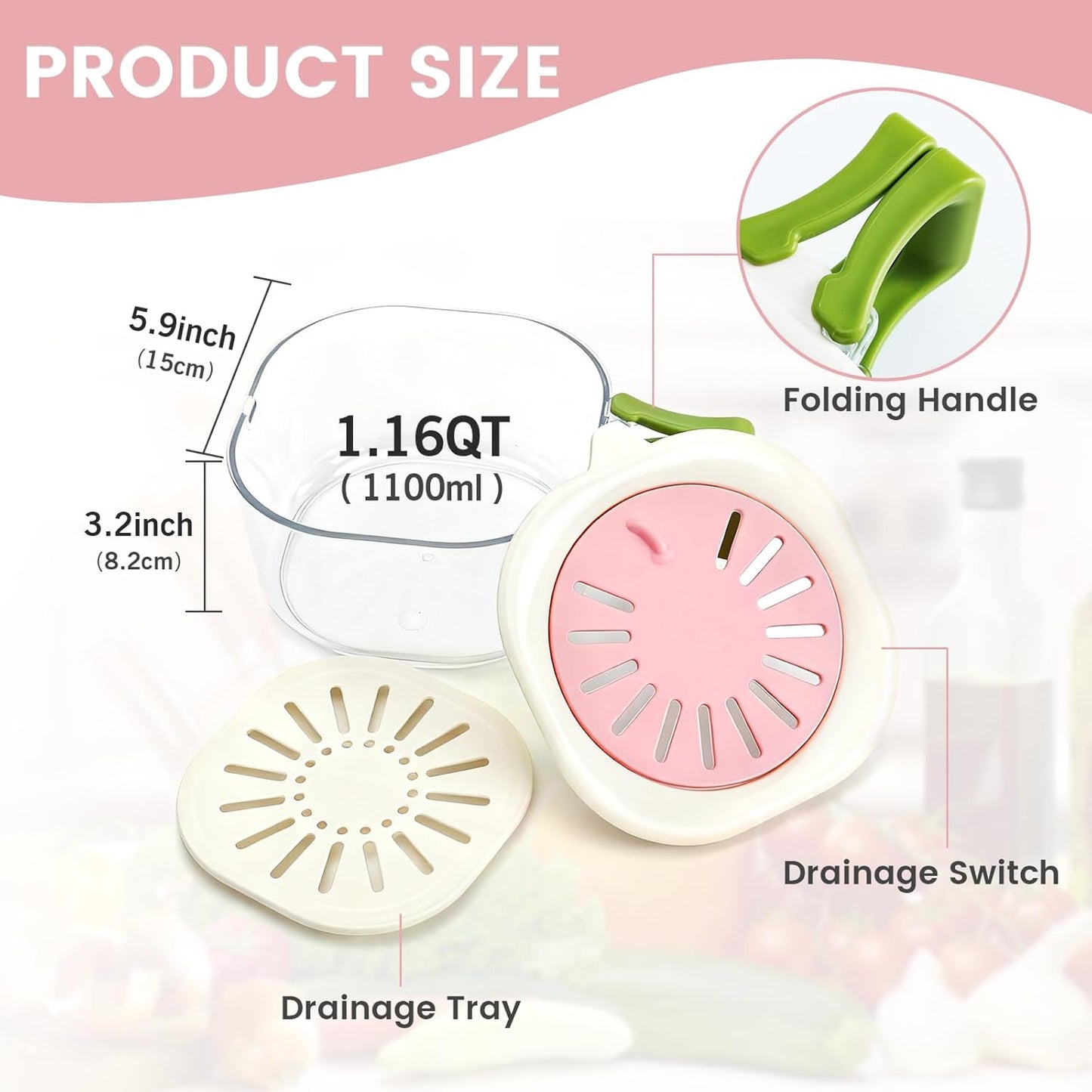 Colander Strainer Fridge Organizer Storage Container with Switchable Lid, Fruit Veggie Wash Basket and Draining Bowl, Single Vegetable Keeper Bin for Refrigerator