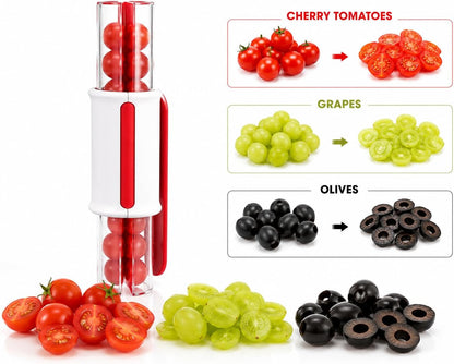 Tomato Slicer & Grape Cutter for Cherry Tomatoes – Safe Fruit Cutter with Hidden Stainless Steel Blade, Easy Push Small Fruit Slicer for Grapes, Strawberries & Snacks, Dishwasher Safe, Red