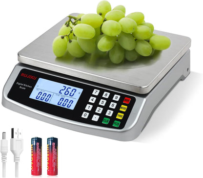 Large Digital Kitchen Scale 30KG Commercial Food Scale 66LB for Baking Bread Meat Stainless Steel Price Computing Scale LCD Display,Prep Counting Scale for Parts and Coins Adapter Included