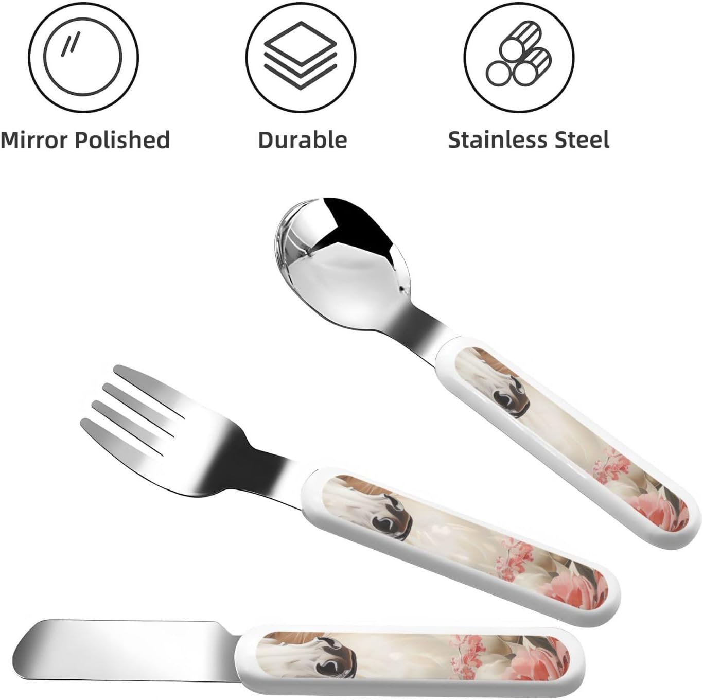 3-Piece Children Utensils Set Horse Image Knife Spoon Fork Set Stainless Steel Silverware Set Easy-Grip Reusable Utensils Set Child Flatware Set with Case for Lunch Travel