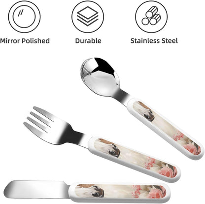 3-Piece Children Utensils Set Horse Image Knife Spoon Fork Set Stainless Steel Silverware Set Easy-Grip Reusable Utensils Set Child Flatware Set with Case for Lunch Travel
