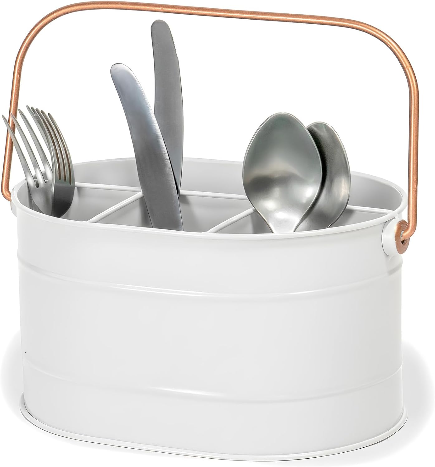 Red Co. 10" x 7" Enameled Metal Utensil Caddy & Countertop Flatware Organizer with Handle, Farmhouse White/Rose Gold