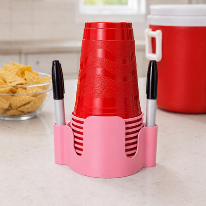Party Cup Dispenser with Marker Holder – Stackable Plastic Cup Organizer for Parties, Events, BBQs, Picnics, Graduations & Drink Stations, Cup and Marker Caddy, Black (Red)