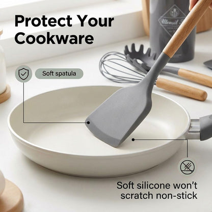 Silicone Cooking Utensils Set, Kitchen Utensils for Cooking with Holder, Wooden Handle Silicone Utensils Spatula Set, Heat Resistant, BPA Free, Non Toxic Kitchen Gadgets, Gray