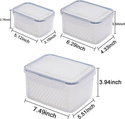 3Pack Fridge Food Storage Container Set with Lids with Strainer,Plastic Fresh Produce Saver Vegetable Fruit Meat Storage Organization, BPA-Free Plastic Produce Keepers(3.15L+1.7L+0.8L)