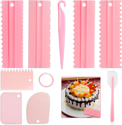 9PCS Cake Scraper Set with Cake Scraper Smoother Set, Adjustable Icing Scraper Polisher Tool, Cake Decorating Comb, Icing Smoother Plastic Sawtooth,Cake Icing Kitchen Baking Cake Edge(White)