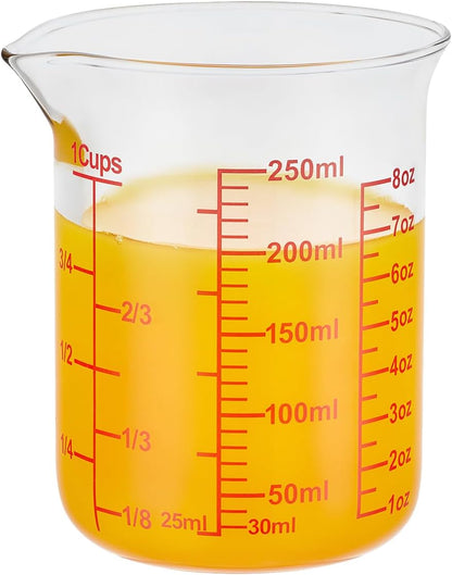 3 Piece Glass Measuring Cup Set, Includes 1/2-Cup, 1-Cup, and 2-Cup High Borosilicate Glasss Liquid Measuring Cups, Dishwasher, Freezer, Microwave, and Preheated Oven Safe, Essential Kitchen Tools