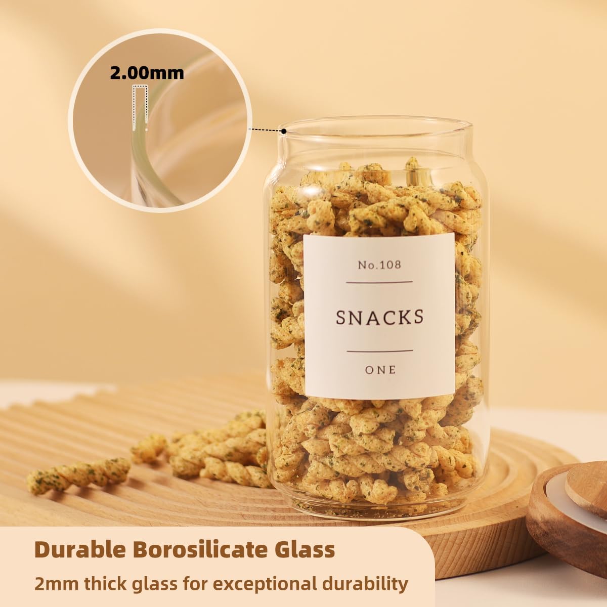 2 Pack Large Glass Flour and Sugar Storage Containers with Airtight Acacia Wood Lids and 132 Kitchen Pantey Labels Preprint - 1 Gallon Borosilicate Glass Canister Sets for Food,Pasta,Cookie,Rice