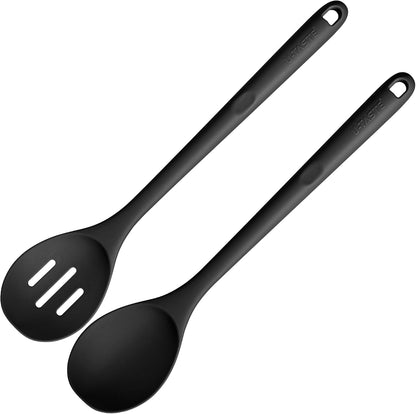 600ºF Heat Resistant Silicone Spoons: U-Taste 13.3in Solid & Slotted Kitchen Cooking Tool, Nonstick Long Rubber Utensil, Sturdy for Mixing, Serving, Stirring, Frying, Basting (Aqua Sky, 2PCS)