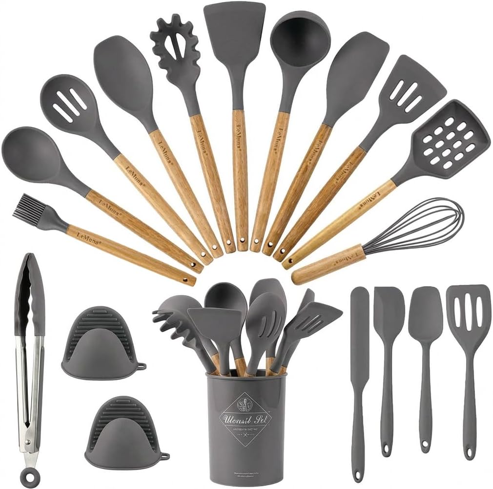 Silicone Cooking Utensils Set, Kitchen Utensils for Cooking with Holder, Wooden Handle Silicone Utensils Spatula Set, Heat Resistant, BPA Free, Non Toxic Kitchen Gadgets, Gray