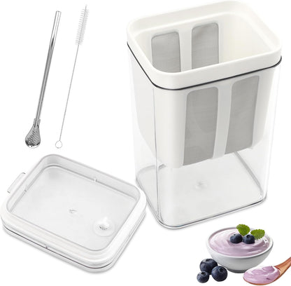 1100ml Greek Yogurt Maker & Strainer with Straw Spoon, Brush & Mesh Bag