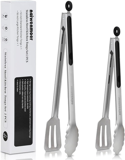 Grill Tongs,Metal Tongs,16 & 12 Inch Heavy Duty Extra Long Stainless Steel Locking Kitchen Tongs,Integrated Tongs‑Spatula Design，Perfect for Cooking, Grilling, Barbecue/BBQ, Buffet, Set of 2