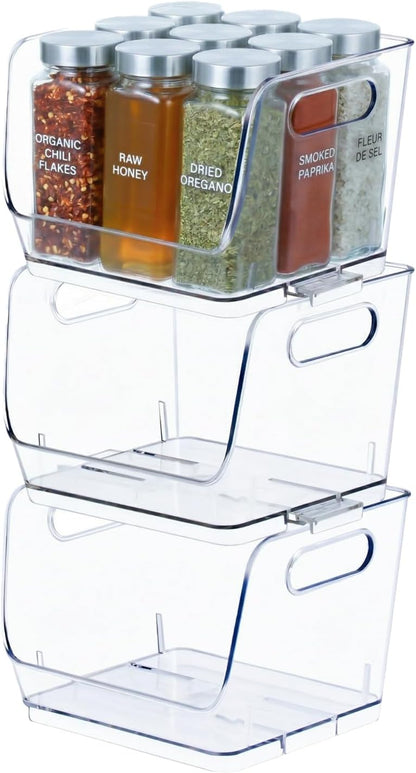 Basicwise Set of 3 Open-Front 16" Clear Storage Bins with Easy-Grip Handles Stackable Transparent Plastic Organizer Container for Pantry Cabinet Refrigerator Drawers Closets & Shelf Organization, XL