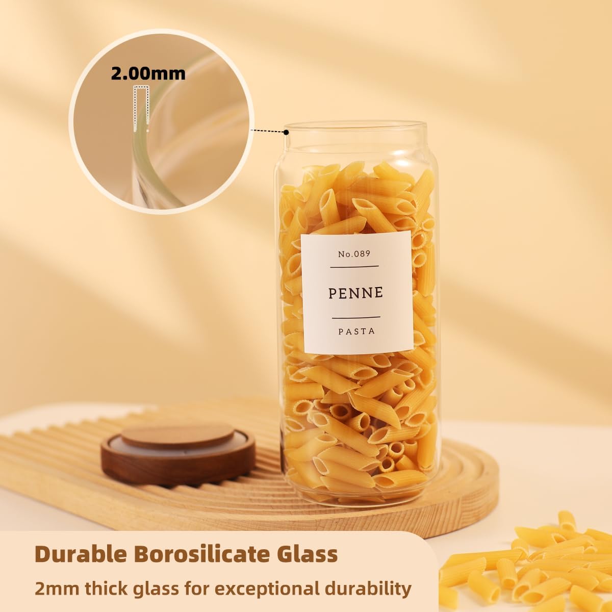 2 Pack Large Glass Flour and Sugar Storage Containers with Airtight Acacia Wood Lids and 132 Kitchen Pantey Labels Preprint - 1 Gallon Borosilicate Glass Canister Sets for Food,Pasta,Cookie,Rice