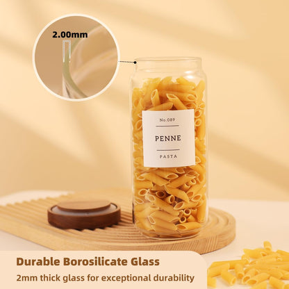 2 Pack Large Glass Flour and Sugar Storage Containers with Airtight Acacia Wood Lids and 132 Kitchen Pantey Labels Preprint - 1 Gallon Borosilicate Glass Canister Sets for Food,Pasta,Cookie,Rice