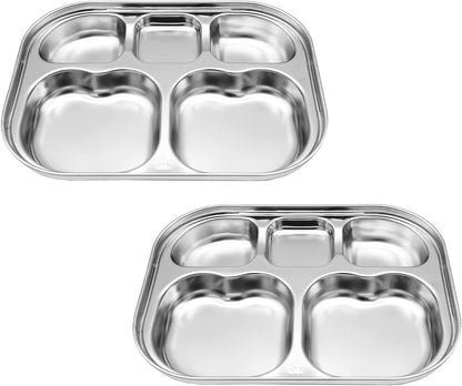 Korean Stainless Steel Divided Plates for Adults, Teens, Premium 304, Electro-Polished, No Black Residue, BPA-Free, Large 5-Compartment Food Tray, Diet Portion Control, Camping, Set of 2