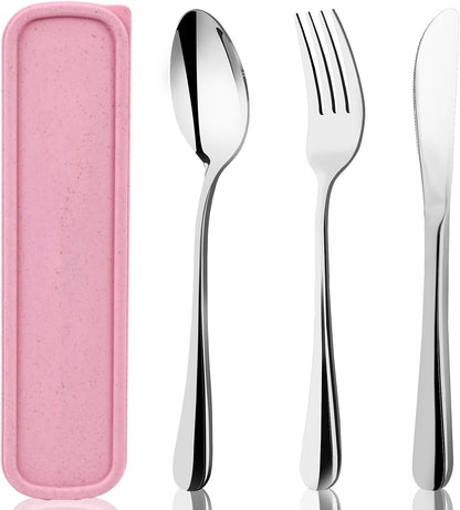 HANSGO Travel Utensils with Case, 4PCS Stainless Steel Portable Cutlery Set, Built-in Card Slot Design for Fixing Tableware, Easy-Open Lid, Lunch Box for Camping Work School, Dishwasher Safe, Beige