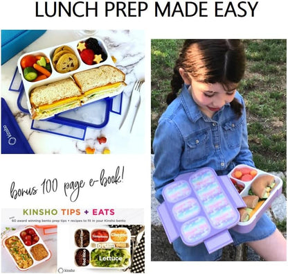 Bento Lunch Box for Kids or Adults, Snack Containers for Boys, Girls, School Daycare Work, 3 Divided Compartments Meal Planning Portion Control, BPA-Free Boxes, Utensils | Blue Purple 2 pack