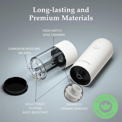 Electric Salt and Pepper Grinder Set, USB Rechargeable, Automatic Salt and Pepper Mill Grinder with Adjustable Coarseness, Electric Salt Shakers, LED Light, Refillable (2 Packs, Greige)