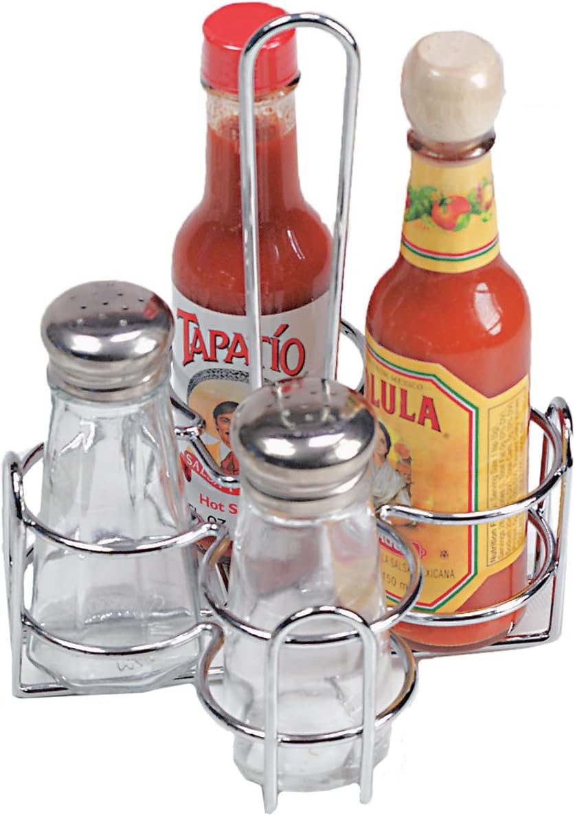 G.E.T. 4-221623 Metal Condiment Condiment Caddy with Number Holder, 4 Compartment, Chrome, 6.5" x 6.5"