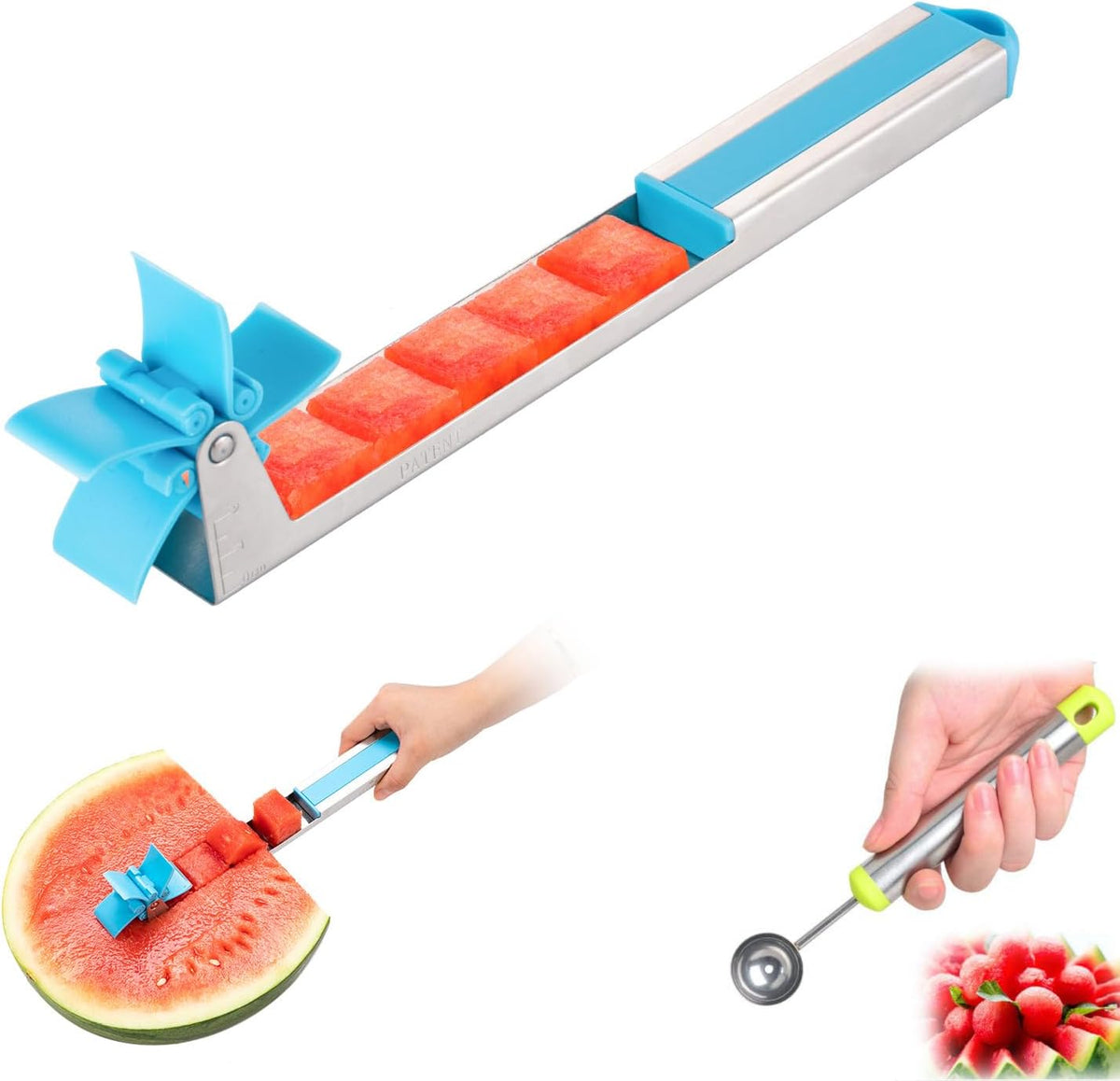 Watermelon Slicer Watermelon Cube Cutter Knife Corer Windmill Stainless Steel Watermelon Fruit Tools with Melon Baller Scooper Easy Slicer Unique Kitchen Gadgets Watermelon Knife Home Gift (Pink)