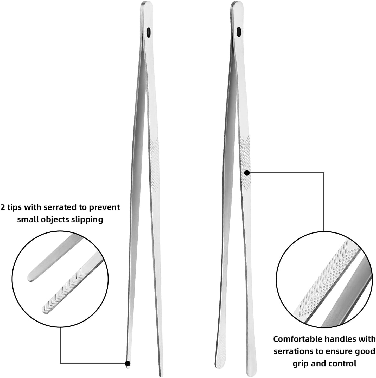 ChefBee Kitchen Cooking Tongs Tweezers - 2PCS 12" Stainless Steel Kitchen Utensils, Metal Fine Tweezers Tongs with Precision Serrated Tips for Chef, Serving Food, Grill, Culinary, Pasta, Salad, BBQ