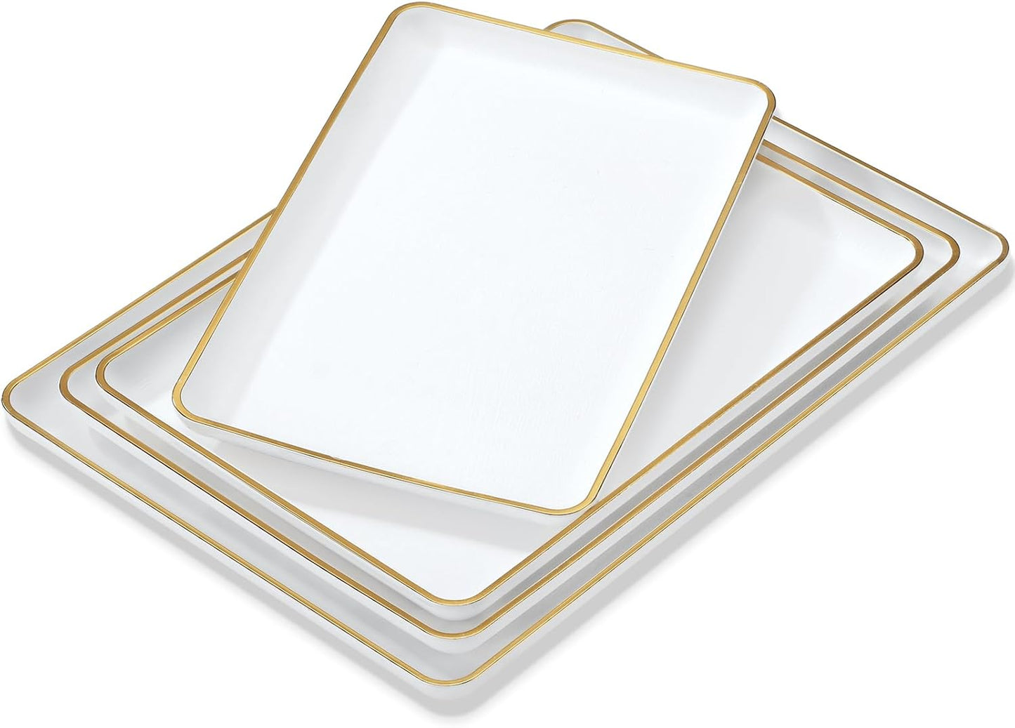 Rtteri Set of 4 Large Serving Platter Set 15/14/13/12 Inch Heavy Plastic Serving Trays Unbreakable Rectangular Platter Reusable Wood Grain Tray for Buffet Wedding Christmas Party(Black and Red)