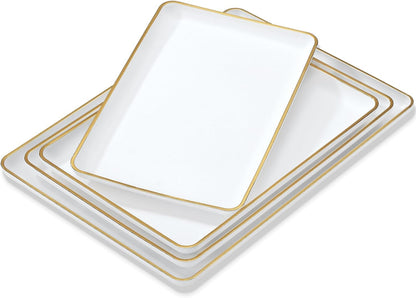 Rtteri Set of 4 Large Serving Platter Set 15/14/13/12 Inch Heavy Plastic Serving Trays Unbreakable Rectangular Platter Reusable Wood Grain Tray for Buffet Wedding Christmas Party(Black and Red)