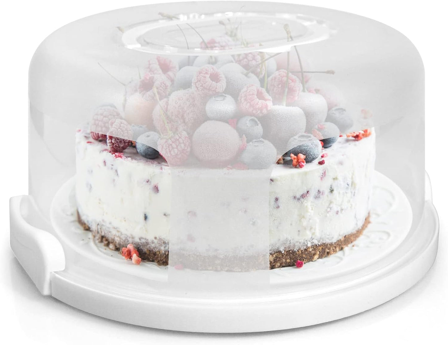 Portable Cake Carrier with Handle, Round Cupcake Holder with Lid, Plastic Storage Container Box fit 10 inch Cake, 3-Locking Muffin and Pies Keeper with Cover (White)
