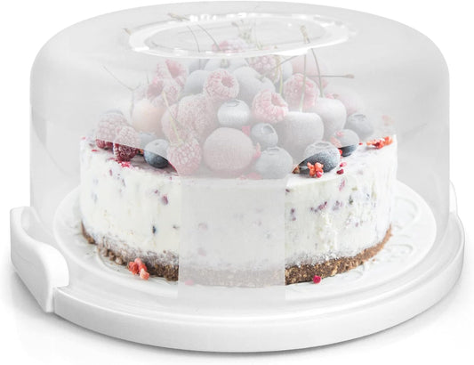 Portable Cake Carrier with Handle, Round Cupcake Holder with Lid, Plastic Storage Container Box fit 10 inch Cake, 3-Locking Muffin and Pies Keeper with Cover (White)