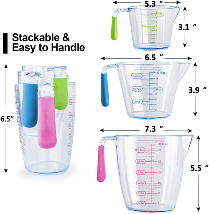 Liquid Measuring Cups with Spout 3 Pcs Stackable Plastic Liquid Measuring Cups with ML OZ Scale, BPA Free Clear Measuring Cup with Non-Drip Spout & Silicone Handle for Kitchen Cooking Baking