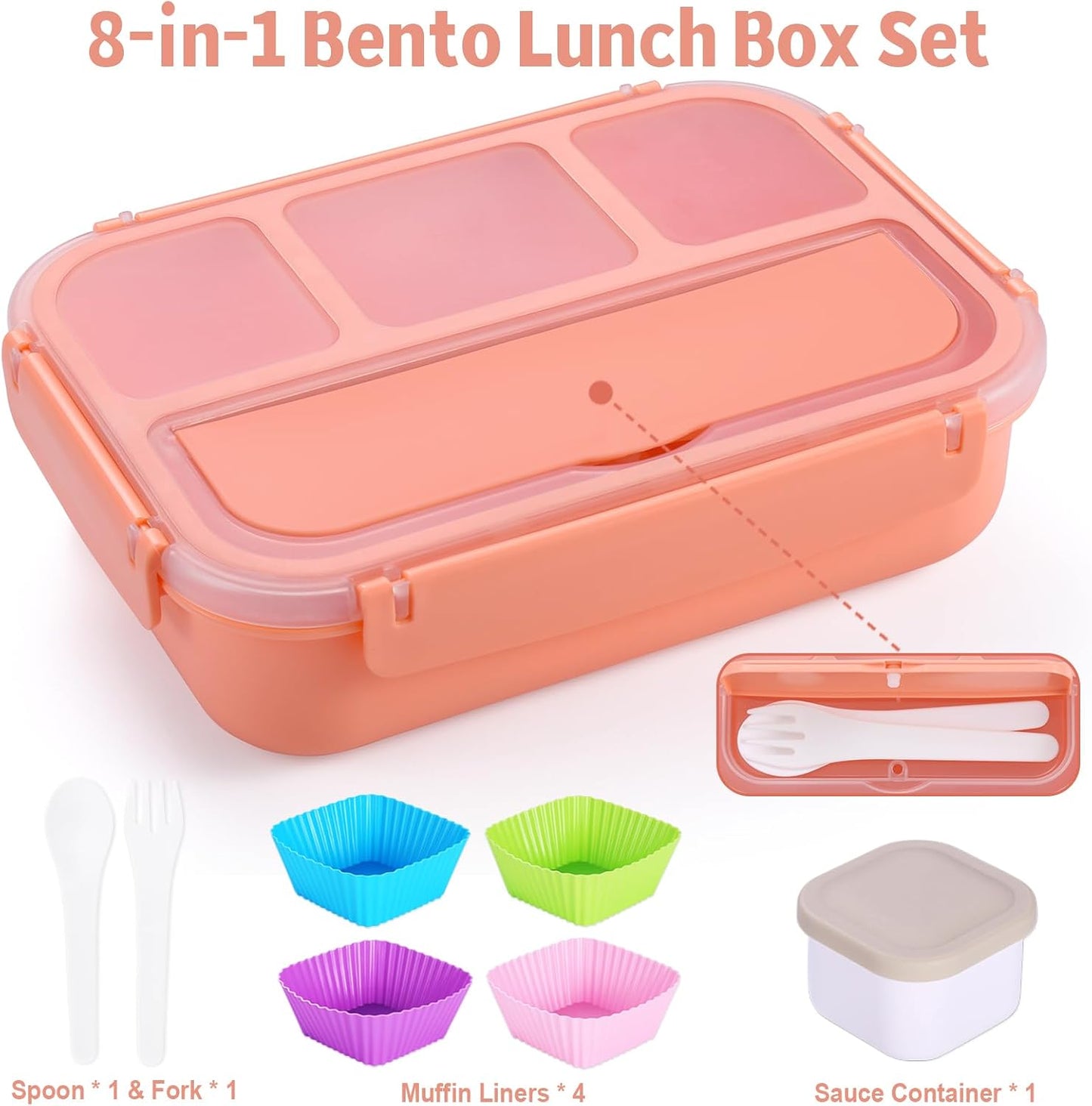Bento Box Adult Lunch Box, Lunch Containers for Kids Girls Boys with 4 Compartments, Lunchable Food Container with Utensils, Sauce Jar, Muffin Liners, 40 Oz/5 Cup, Microwave Safe, Lavender