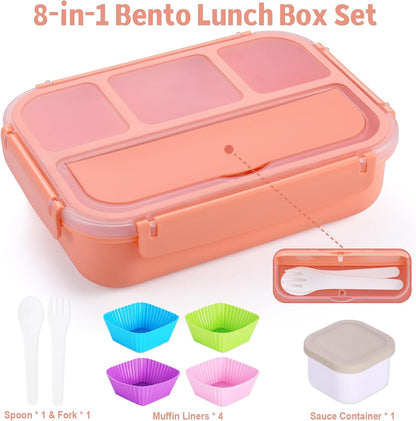 Bento Box Adult Lunch Box, Lunch Containers for Kids Girls Boys with 4 Compartments, Lunchable Food Container with Utensils, Sauce Jar, Muffin Liners, 40 Oz/5 Cup, Microwave Safe, Lavender