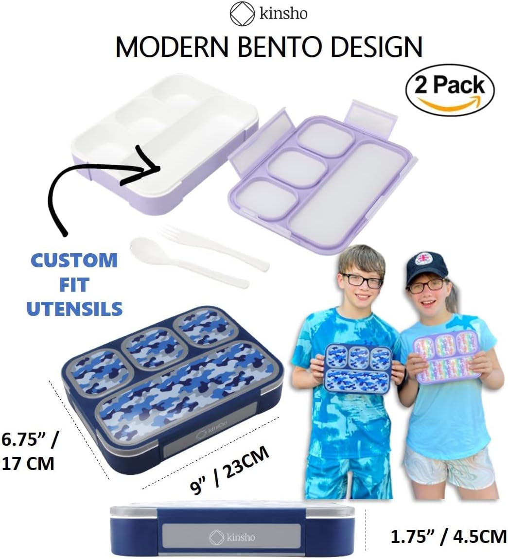 Bento Lunch Box for Kids or Adults, Snack Containers for Boys, Girls, School Daycare Work, 3 Divided Compartments Meal Planning Portion Control, BPA-Free Boxes, Utensils | Blue Purple 2 pack