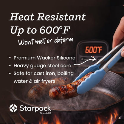Starpack Get a Grip Silicone Kitchen Tongs (2-Pack, 9" + 12") - LFGB Non Toxic, 600°F Heat Resistant, BPA-Free - Heavy-Duty Stainless Steel, Locking - Dishwasher Safe for Nonstick Cookware