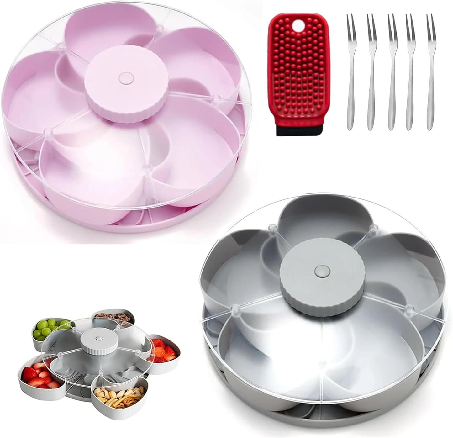 Divided Serving Tray That Spins – Perfect for Snacks, Dips & Party Appetizers, Portable Rounded Veggie Tray with Rotating Cover, Rotating Snack Box Container with Lid (Pink)