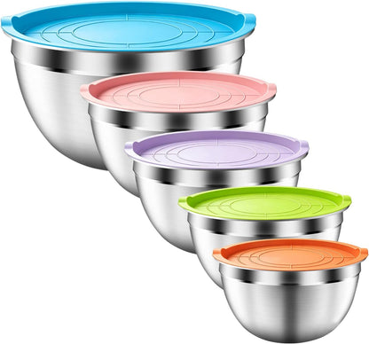 Mixing Bowls with Airtight Lids Set, 5 PCS Stainless Steel Khaki Nesting Bowls for Kitchen, Large Prep Metal Mixing Bowls for Kitchen, 5.5/4/3.5/2/1.5 QT for Mixing & Serving