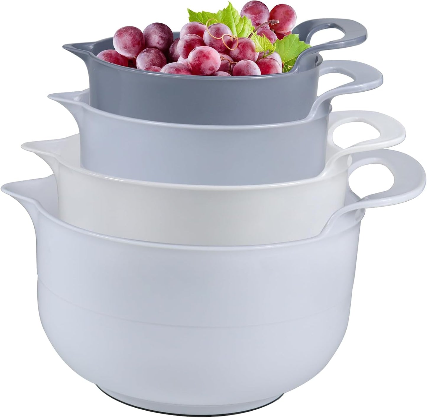 Mixing Bowls - 4 Piece Nesting Plastic Mixing Bowl Set with Pour Spouts and Handles - Non Slip Bottom and Measurement Markings (Light Gray)