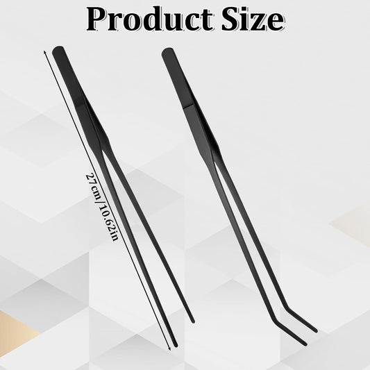 ElevateTech Kitchen Tweezers Tongs, 2 Pcs Stainless Steel Fine Kitchen Tongs Tweezers for Cooking Professional 10.63 Inch Long Cooking Tweezer for Grilling, Plating and Baking, Black