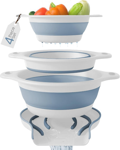 Gevoli 3-Pack Collapsible Colanders with Self-Draining Base, Over Sink-edge Silicone Food Strainers, Small/Med/Large Sizes, Nesting for Easy Compact Storage (3Qt, 4Qt, 5-Quart Set) Green/Gray