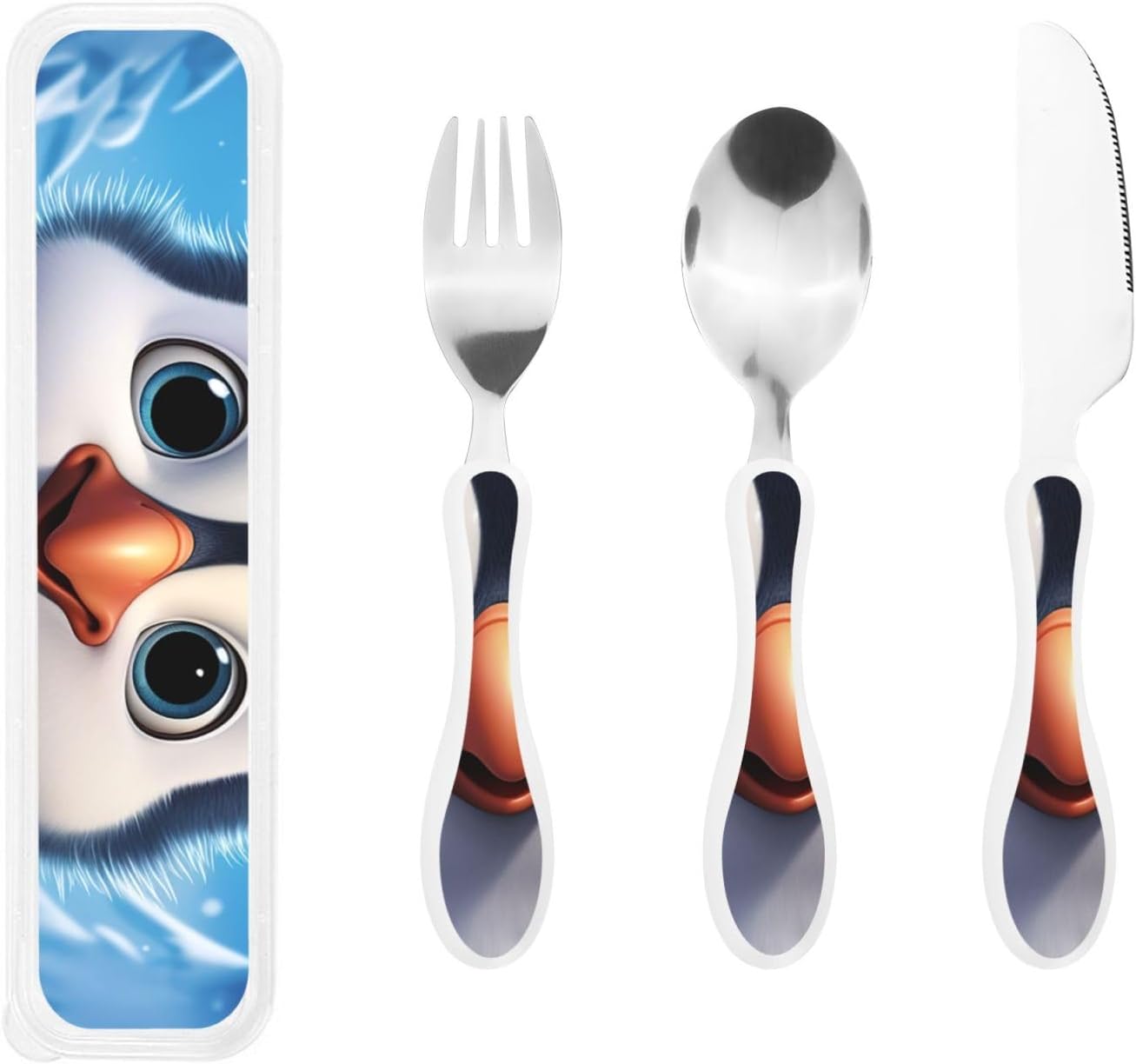 3-Piece Kids Silverware Set With Storage Case, Stainless Steel Reusable Children Safe Knife Spoon Fork Set Cartoon Cute Penguin Children Flatware Set For Kids Lunch Box
