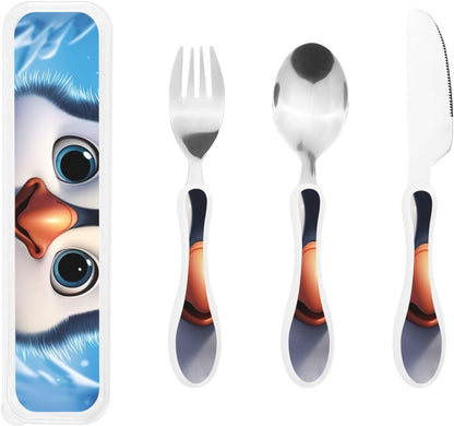 3-Piece Kids Silverware Set With Storage Case, Stainless Steel Reusable Children Safe Knife Spoon Fork Set Cartoon Cute Penguin Children Flatware Set For Kids Lunch Box