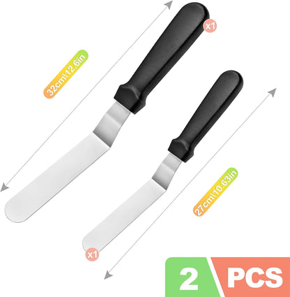 ZukoCert 2-Piece Angled Offset Icing Spatula Set (6" & 8") - Professional 0.7mm Thick Stainless Steel Cake Decorating Frosting Spatulas with Ergonomic Plastic Handles for Baking and Pastries
