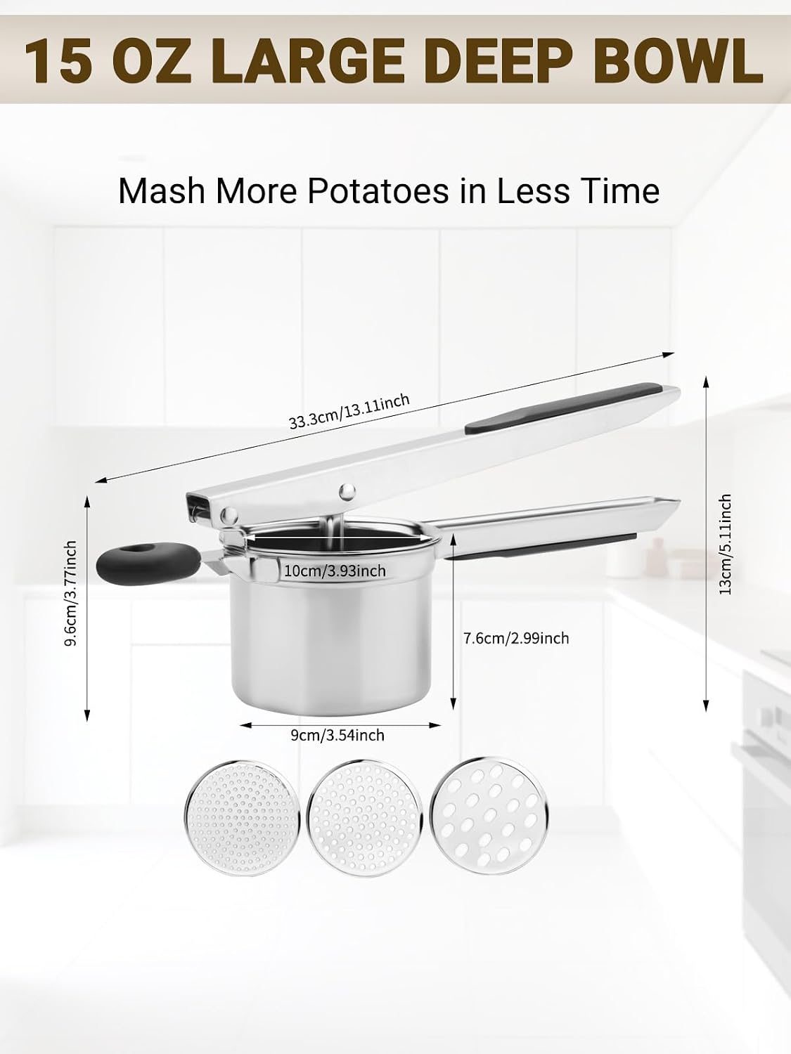 Heavy Duty Potato Ricer, Large 22oz Potato Masher, Stainless Steel Press and Mash Kitchen Gadget for Mashed Potatoes, Spaetzle Maker with Silicone Handle