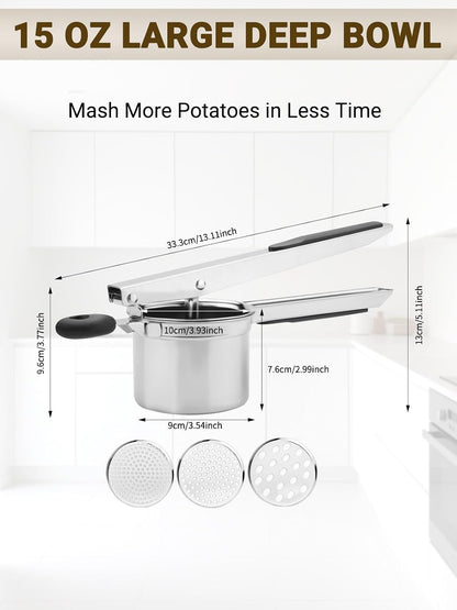 Heavy Duty Potato Ricer, Large 22oz Potato Masher, Stainless Steel Press and Mash Kitchen Gadget for Mashed Potatoes, Spaetzle Maker with Silicone Handle